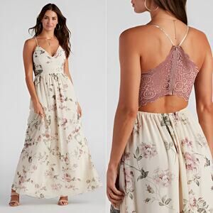 Windsor Womens Cottagecore Resortwear Floral Romance Chiffon Maxi Dress XS Ivory